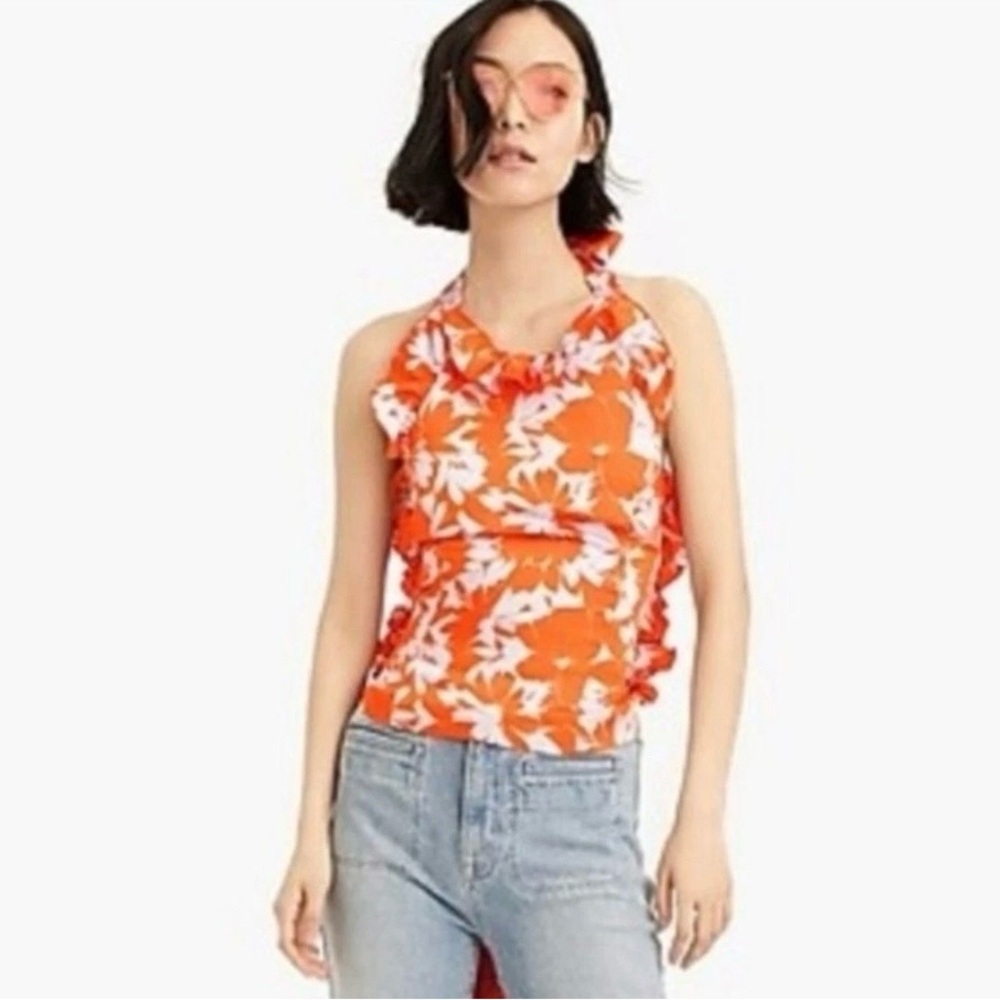 J. Crew Ratti Falling Leaves Ruffled Wrap Halter Top Orange & Blue W Bows XS